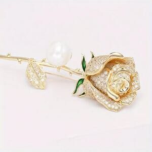 Brooch Rhinestone Gold-Tone Rose with Green Leaves Luxury